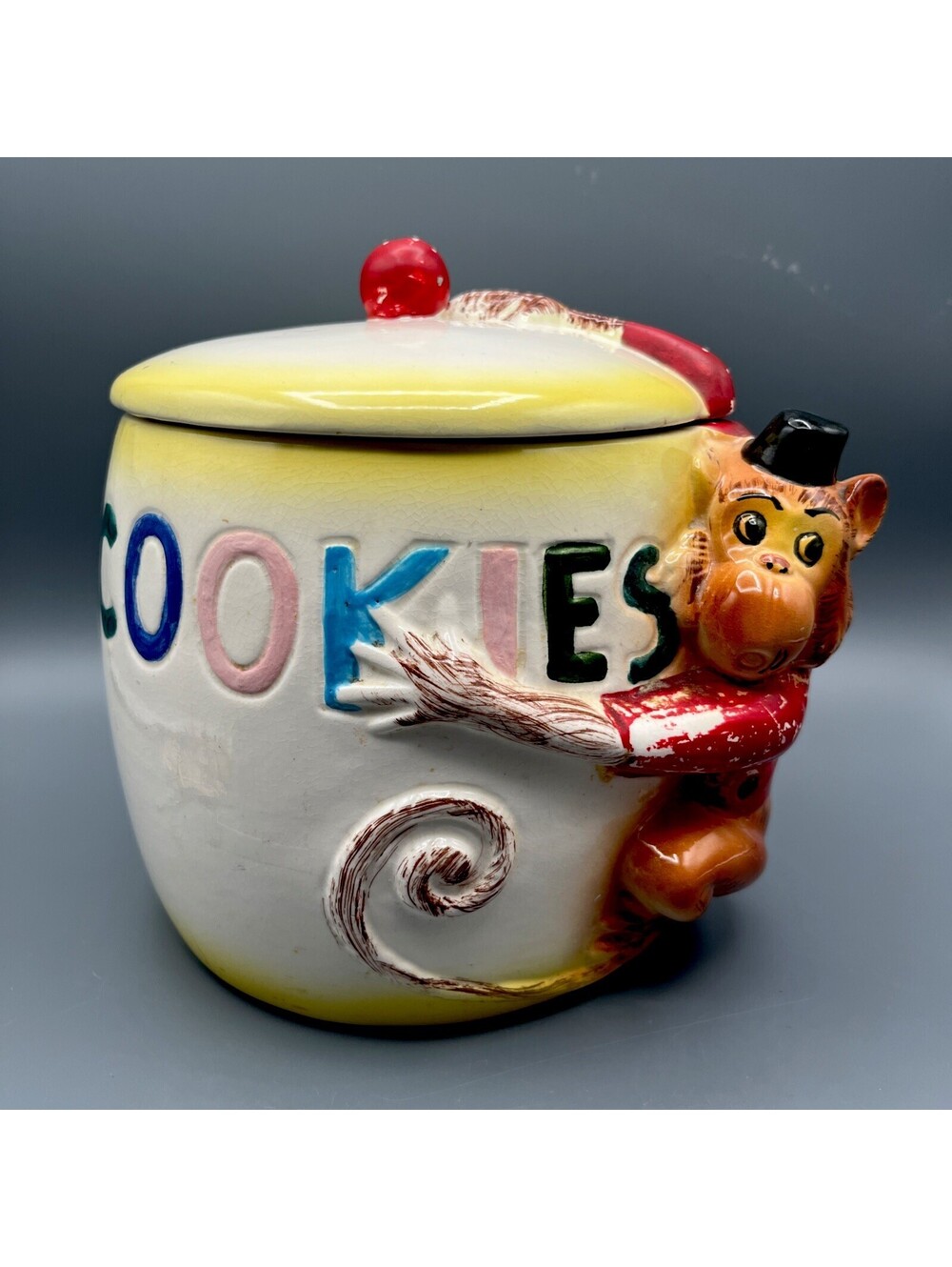 Vintage Monkey Cookie Jar Red Jacket Black Hat Anthropomorphic 1950s Japan